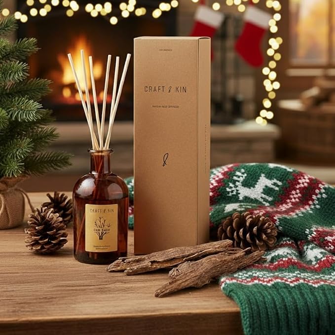Craft & Kin Oud Wood Reed Diffuser – 5.75 oz Essential Oil Diffuser for Home & Bathroom – Up to 120-Day Fragrance with 8 Rattan Scent Sticks – Amber Glass Room Decor