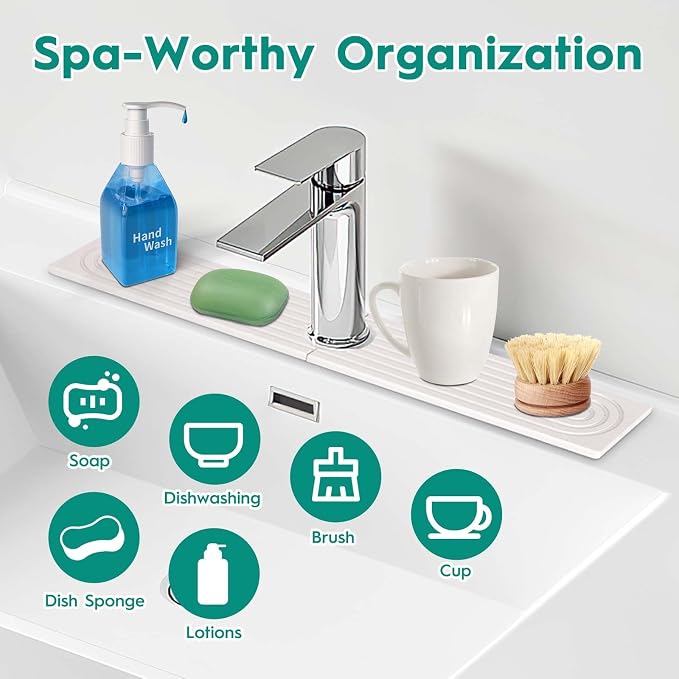 24 Inch Stone Faucet Mat for Kitchen Sink,Kitchen Sink Splash Guard-Water Absorbing Stone Tray for Sink,Super Absorbent, Diatomite Protector with Drainage for Kitchen Bathroom Counter(White）