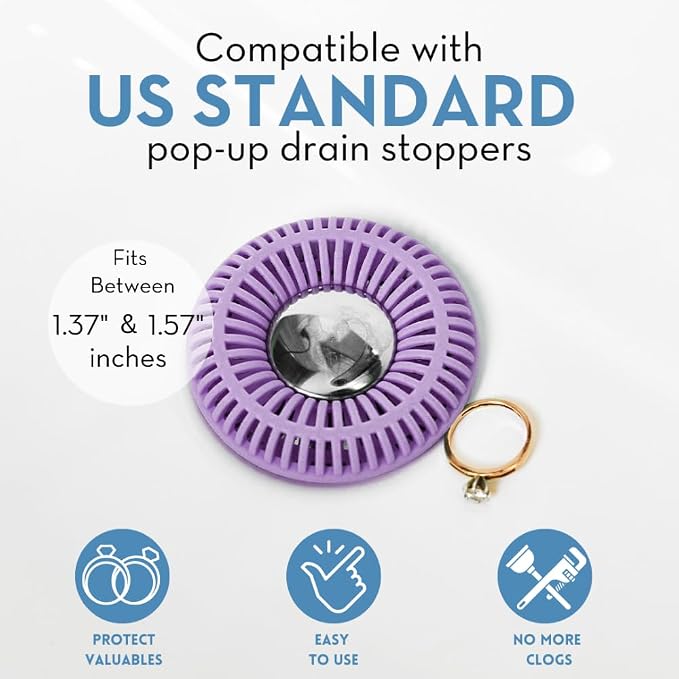 SinkRing Bathroom Sink Drain Protector & Strainer for Sink Stoppers, Violet | Easy snap-in design. Precision clog-free trap prevents loss of earrings, jewelry or contacts. Fits 1.37" - 1.57" stoppers.