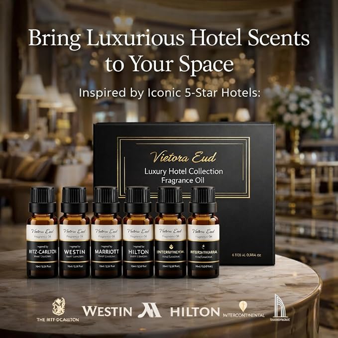 Luxury Hotel Fragrance Oil Set, 6 Pack | Six Hotel-inspired Fragrance Oils; Versatile for Humidifiers, Aroma diffusers, Candle and Soap Making