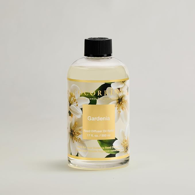 Reed Diffuser Refill Gardenia 17oz (500ml) with 8 Sticks - Premium Long-Lasting Scented Oil, Home Fragrance for Bedroom, Bathroom Home Decor
