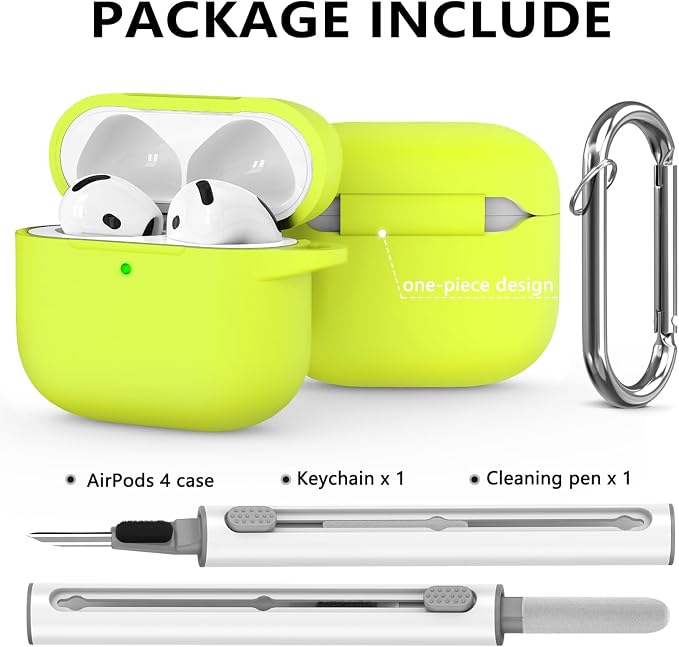Ljusmicker for AirPods 4 Case 2024 with Cleaner Kit,Soft Silicone Protective Cover for Apple AirPods 4th Generation Cases for Women Men,for AirPod 4 Case Accessories with Keychain-Neon Green