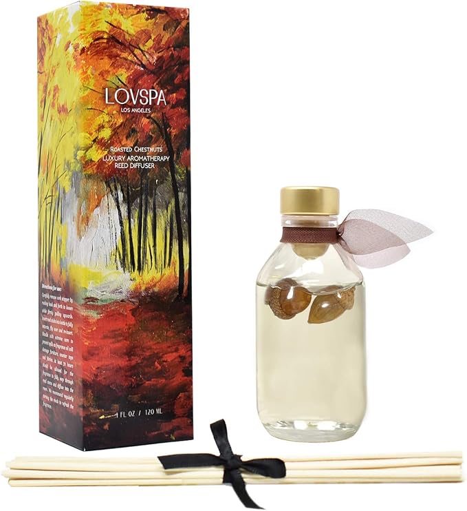 Reed Diffuser Set - Roasted Chestnuts Scented Diffuser with Sticks | Home Fragrance Reed Diffuser for Bedroom, Bathroom Shelf Décor, with Real Botanicals in the Bottle - Made in the USA