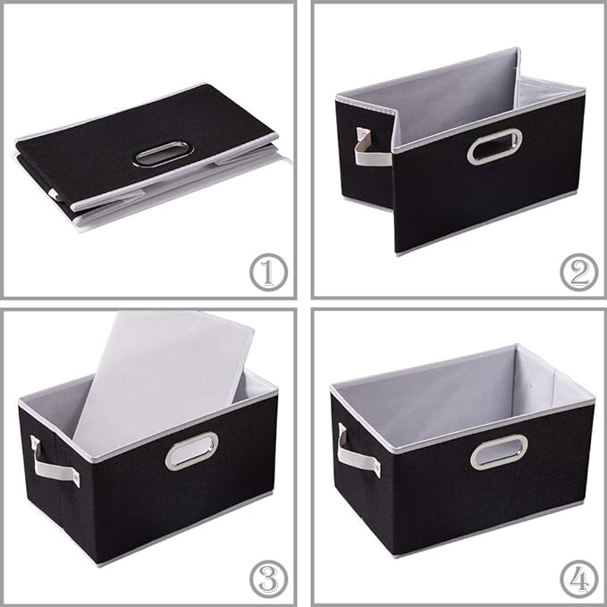 PRANDOM Fodable Storage Baskets for Closet [5-pack] Decorative Fabric Storage Bins Cubes with Leather/Metal Handles for Shelves Bedroom Living Room Black (11.5x8.5x6.7 Inch)