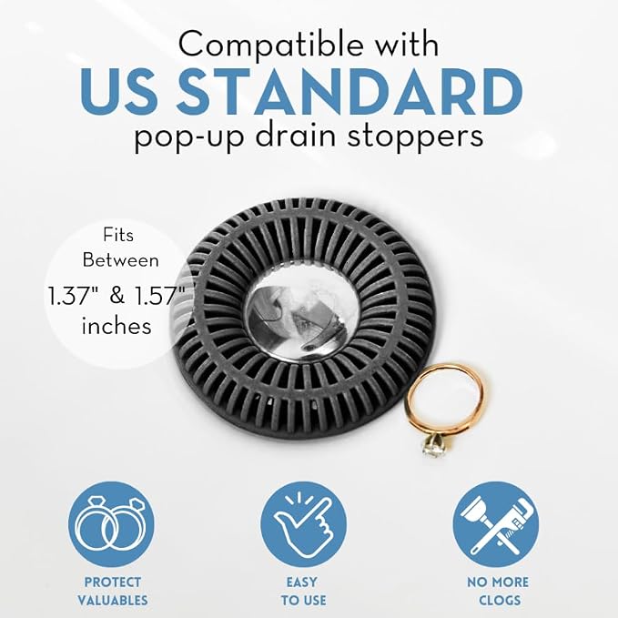 SinkRing Bathroom Sink Drain Protector & Strainer for Stoppers, Charcoal | Easy snap-in design. Precision clog-free trap prevents loss of earrings, jewelry or contacts. Fits 1.37" - 1.57" stoppers.