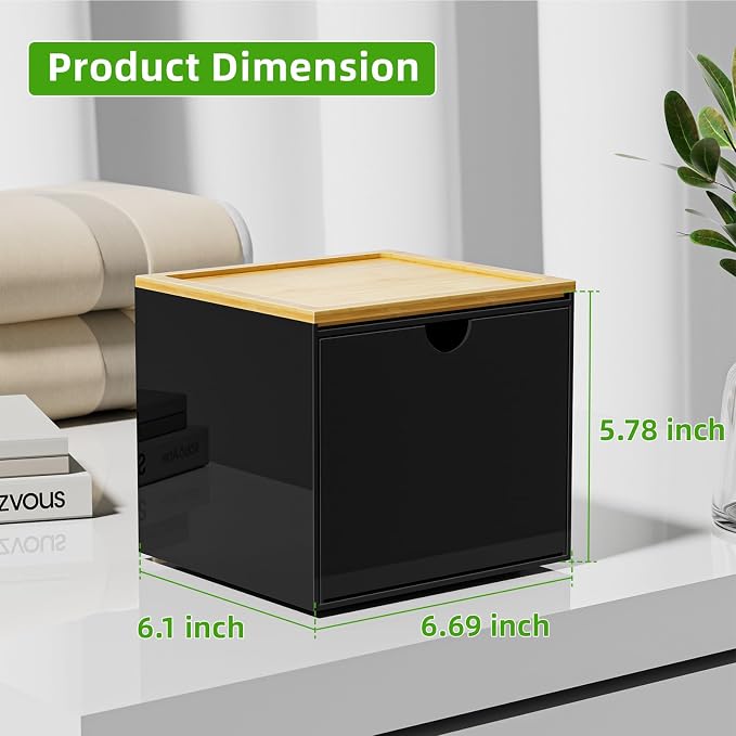 VITVITI Drawer Disposable Face Towel Holder Box, Acrylic Storage, Black | Face Towels Holder Container for XL Clean Skin Club, Facial Towel Storage with Bamboo Lid, for Bathroom, Vanity Makeup