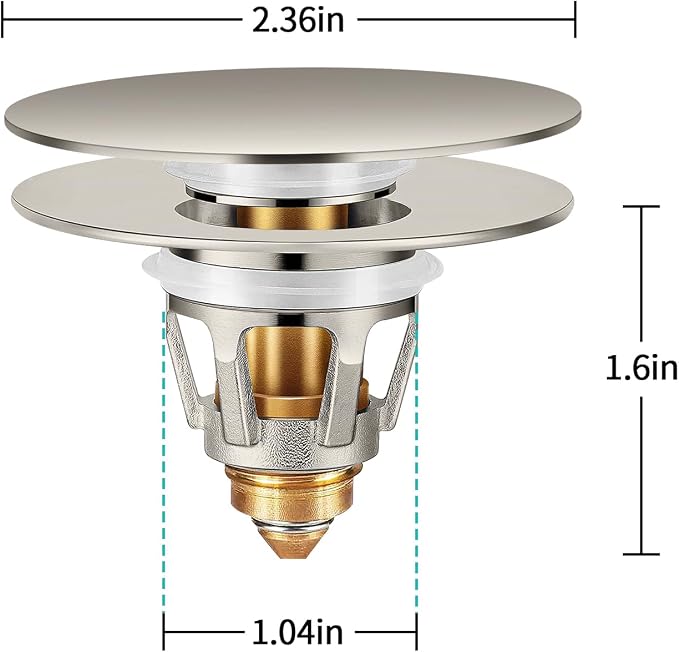 Universal Bathroom Sink Stopper with Hair Catcher, for 1.04-1.97 Inch Drain Hole, Spring Core Bathtub Drain Cover, Pop Up Sink Plug Basin Drain Strainer, Large Lid Brushed Nickel