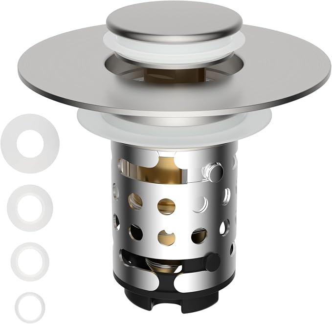 Universal Bathroom Sink Drain Stopper Hair Catcher, Brushed Nickel | Upgraded with 2-Layer Detachable Filter Basket, 4 in 1 Pop Up Drain Strainer, Anti-Clog, Fit for 1.1''~2.36'' Sinks
