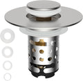 Universal Bathroom Sink Drain Stopper Hair Catcher, Brushed Nickel | Upgraded with 2-Layer Detachable Filter Basket, 4 in 1 Pop Up Drain Strainer, Anti-Clog, Fit for 1.1''~2.36'' Sinks