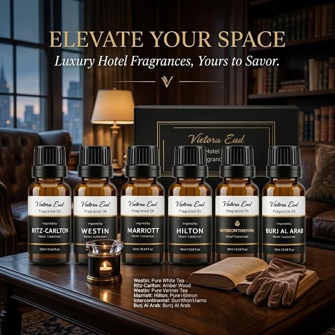 Luxury Hotel Fragrance Oil Set, 6 Pack | Six Hotel-inspired Fragrance Oils; Versatile for Humidifiers, Aroma diffusers, Candle and Soap Making