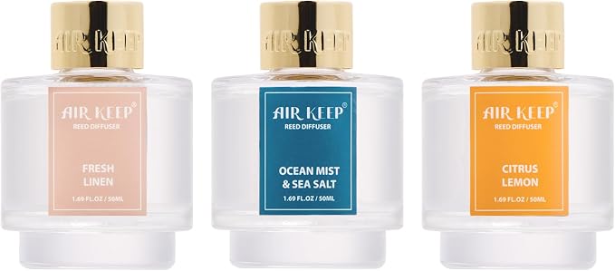 Reed Diffuser Set of 3,Fresh Linen Ocean Mist&Sea Salt Citrus Lemon Oil Reed Diffusers for Bedroom Living Room Office Aromatherapy Oil Reed Diffuser for Gift 50ml x 3