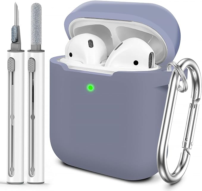 for AirPods Case Cover, Come with Cleaner Kit, Soft Silicone Protective Cover with Buckle, Compatible with Apple AirPods 2nd 1st Generation Charging Case, Front LED Visible, Grey Blue