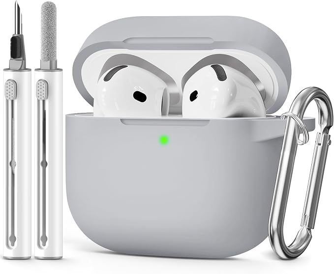 for AirPods 4 Case 2024 with Cleaner Kit & Keychain-Light Grey | Silicone Protective Cover for Apple AirPods 4th Generation Case,for Women Men,One-Piece Design,Shockproof,Dust Proof