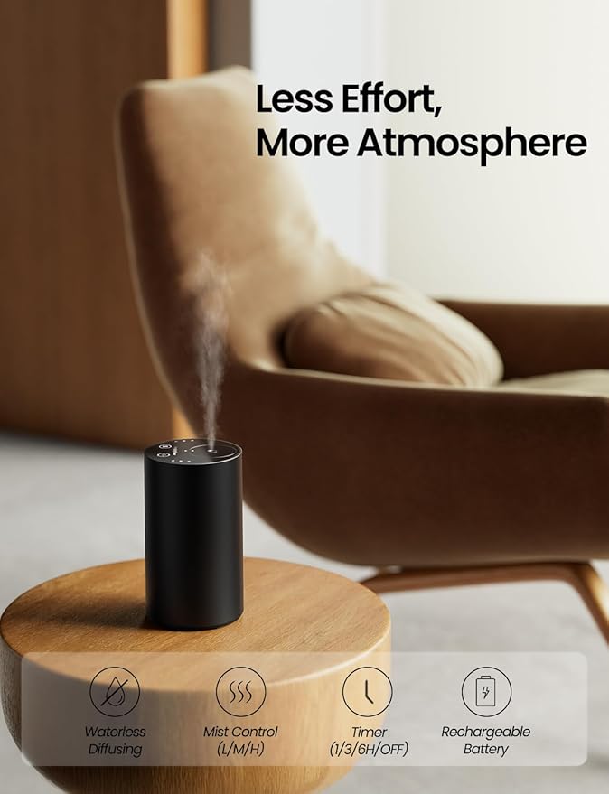 Waterless Essential Oil Diffuser, Portable Car Diffuser, Black | 20mL Capacity, Battery Operated, Mini Scent Diffuser, 3 Mist Levels, Timers, Leak-Free for Home, Office & Travel