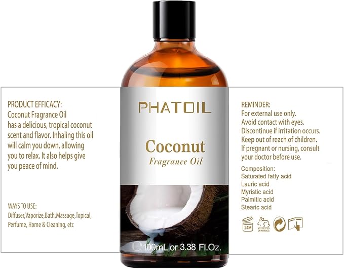 PHATOIL Coconut Fragrance Oil for Diffuser Aromatherapy 3.38FL.OZ | Long Lasting Scented Oils For Humidifier, Air Freshener, DIY Soap Candle, Scent Project Making, Aroma Oil for Home Freshening