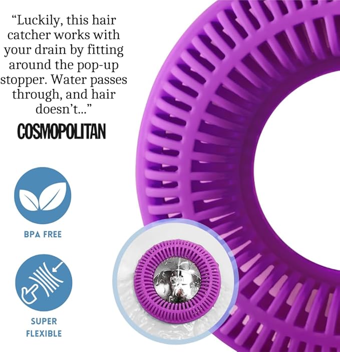 TUB RING The Ultimate Tub Drain Protector Hair Catcher/Strainer/Snare, Regular - Purple | Easy snap-in design fits around bathtub stoppers. Customizable utility guard for clog prevention. Fits 1.85"- 2.16" drains. .