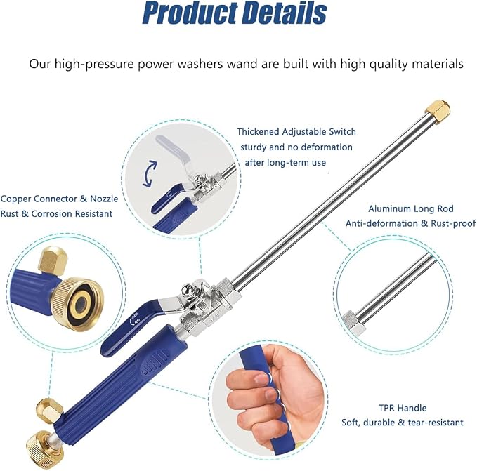 Hydro Jet High Pressure Power Washer - Magic Power Washer Extendable Wand, Flexible Water Hose Universal Nozzle, Gutter Patio Car Pet Window Cleaning (18inch-Blue)