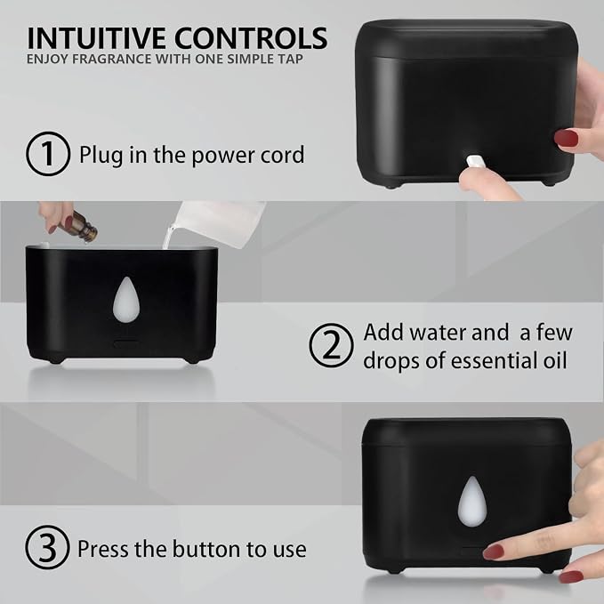 Flame Diffuser for Essential Oils, 200ml Ultrasonic Aroma Diffusers with Cool Mist, Aromatherapy Diffuser with Auto-Off Protection, Small Humidifier for Home,Office,Bedroom,Gift (Black)