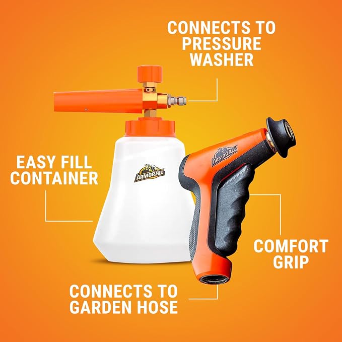 Armor All 2-in-1 Foam Cannon Kit for Garden Hoses and Power Washers | 3-piece car washing kit with 40-ounce reservoir, marked fill lines, and compatibility with 500 to 3,500 PSI units