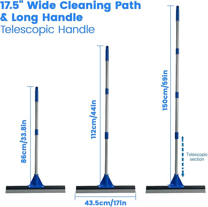 Floor Squeegee for Concrete Floor, 17.5" Heavy Duty Squeegee Broom for Floor, Commercial Scrubber Mop with Extendable Long Handle, Bathroom Tile Shower Glass Window