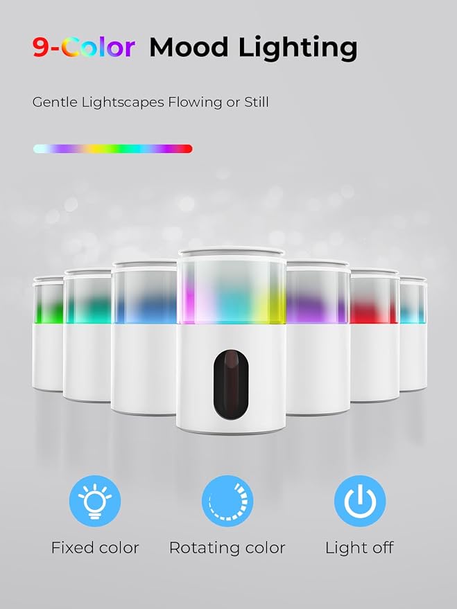 Waterless Essential Oil Diffuser: 𝟗-𝐂𝐨𝐥𝐨𝐫 𝐋𝐄𝐃 Snow White | Portable Scent Diffuser - No Water No Heat For Pure Aroma - 48H Battery 3 Mist Levels & 4 Timers for Car Office