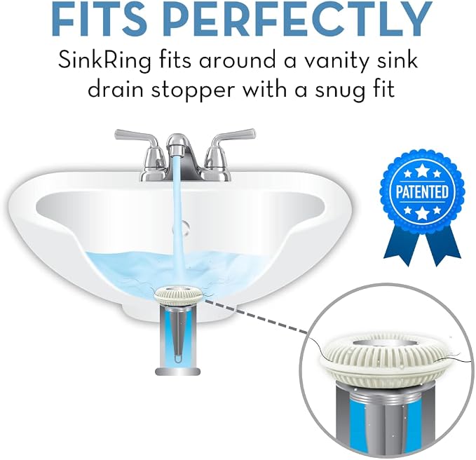 SinkRing Bathroom Sink Drain Protector & Strainer for Sink Stoppers, White | Easy snap-in design. Precision clog-free trap prevents loss of earrings, jewelry or contacts. Fits 1.37" - 1.57" stoppers.