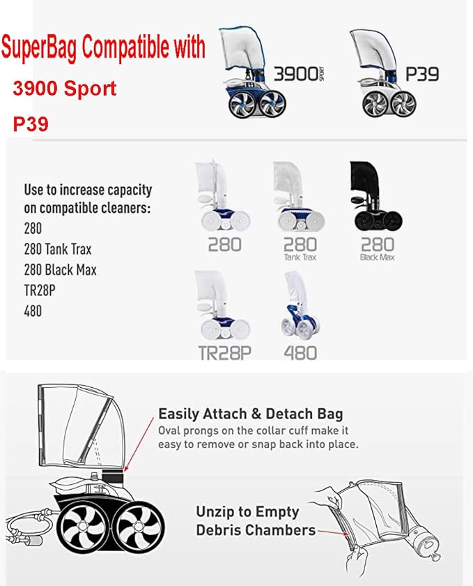 ATIE 3900 Sport P39 Pool Cleaner Double Chamber All Purpose SuperBag 39-310 with Zipper Enlosure Replacement Compatible with 3900 Sport and P39 Pool Cleaners (1 Pack)