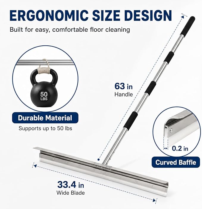 Large Floor Squeegee, 304 Stainless Steel Heavy Duty Water Removal Tool | 304 Stainless Steel Construction, 33.4" Wide Silicone Blade, Heavy Duty Design, Anti-Splash Baffle, Anti-Loosen Screws