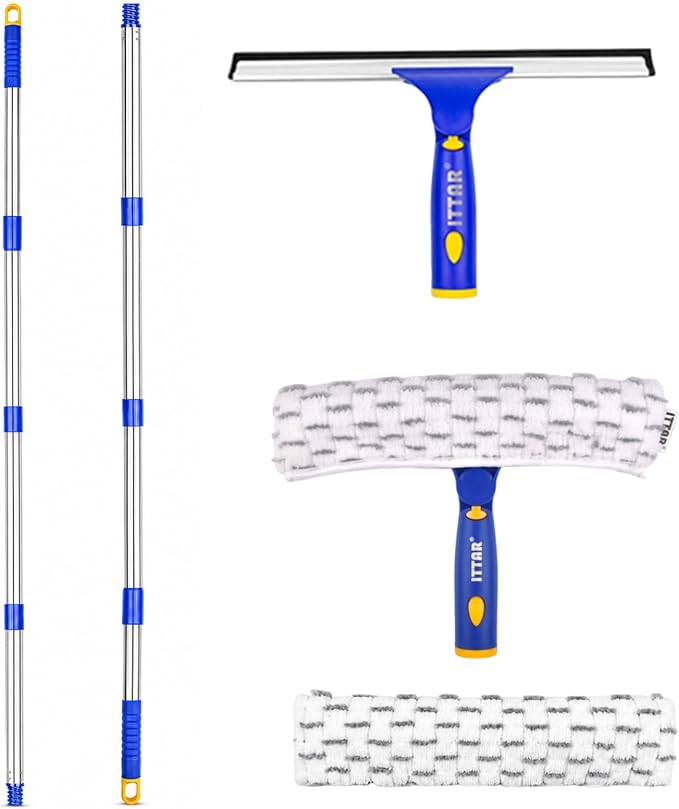 Window Squeegee with 2 Sets Separate Pole, 12" Rubber Squeegee and 11" Microfiber Pads, 60"-73.6" Telescopic Window Cleaning Kit with Rotating Head for High Windows, Shower Glass, Car Windshield