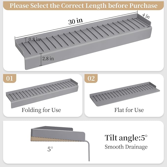 Sink Edge Protector with Suction Cup, 30" x 4", Silicone Sink Splash Guard for Kitchen & Bathroom, Protect Countertop from Scratches, Stains, for Stainless Steel Granite Quartz