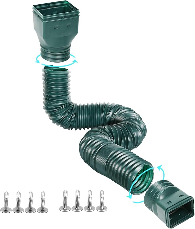 Gutterlix 1 Pack Flexible Gutter Downspout Extensions Extendable from 21" to 67", Downspout Extender Comes with Adapters, Thickened Down spout Drain Extension for Rainwater Drainage(Green)