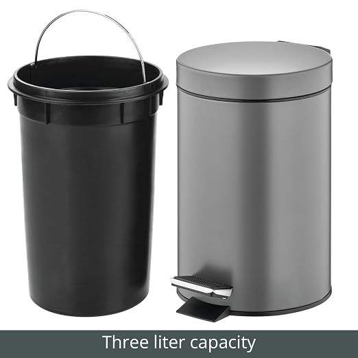 mDesign Pedal Bin — Metal Waste Bin with Pedal, Lid and Plastic Bucket Insert — for Bathroom, Kitchen, and Office — 3 Litre Household Rubbish Bin with Ergonomic Design — Graphite Grey