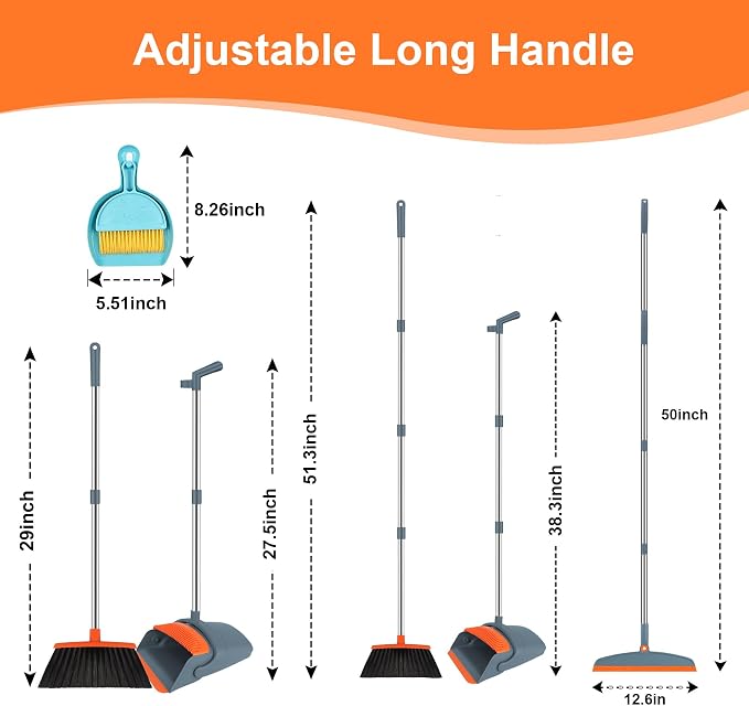 Broom and Dustpan Combo Set, 52" Long Handle with Squeegee & Mini Set | Orange Complete Cleaning Kit, Floor Squeegee for Wet & Dry Messes, Built-in Comb Dustpan, Mini Broom Set，for Home & Pet Areas