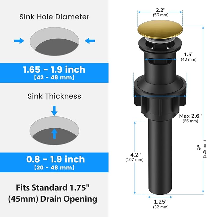 Bathroom Sink Drain with Overflow, Hurran Universal Bathroom Sink Stopper for Bathroom Vanity Vessel Sink, Plastic Pop-up Sink Drain with Hair Catcher Anti-Clog Strainer, 2 Pack, Brushed Gold | Hurran Bathroom Sink Stopper for 1.65"-1.9" Hole, Plastic ...