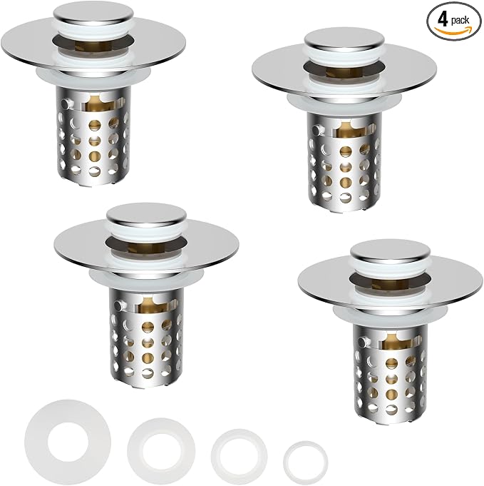 4PCS Universal Bathroom Sink Drain Strainer Hair Catcher, Chrome | Upgraded with Removable Stainless Steel Filter Basket, 3 in 1 Pop Up Sink Stopper for 1.1''~2.36'' Sink Basin Hole