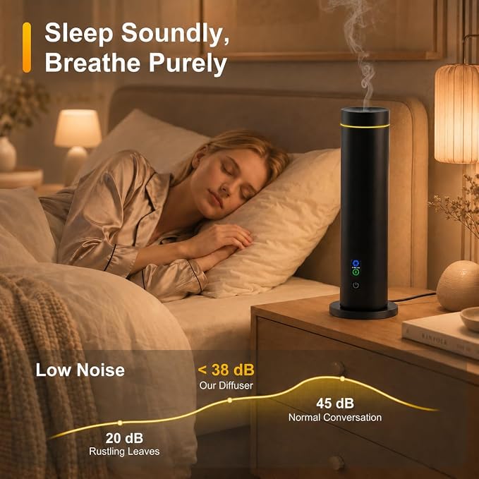 Waterless Essential Oil Diffuser, Metal Scent Diffuser, Black | Includes 6 essential oils, AC powered, 1000 sq.ft coverage for home, office & hotel, aluminum alloy body, remote control