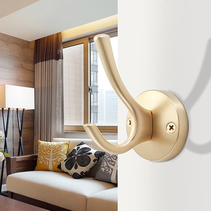Gold Wall Hooks, 6 Pack Coat Robe Hook Heavy Duty Metal Double Bath Hook Wall Mounted, Hand Towel Hooks for Cubicle Bathroom Kitchen Closet Garage