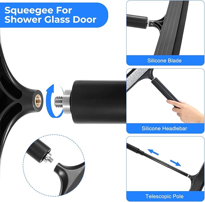 wlich Shower Squeegee with Long Handle, Telescoping Window and Floor Wiper | Silicone Blade, 9.45-48.03 In Extendable Pole, Washable Replaceable Pads, For Glass, Mirrors, Tile, Bathroom, Smooth Floors