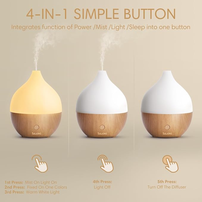 SALKING Essential Oil Diffuser for Home, 100ml Small Aromatherapy Diffuser | Ultrasonic Diffusers for Essential Oils, Warm White Lights, Cool Mist Humidifier with Auto Shut-Off, for Bedroom, Office