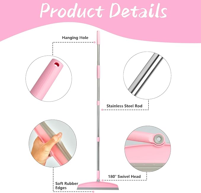 AirBroom Multifunction Silicone Broom, 54 Inch-Gray Pink | Adjustable Long Handle Rubber Broom Sweeper for Floor Bathroom Kitchen Shower Pet Hair Glass