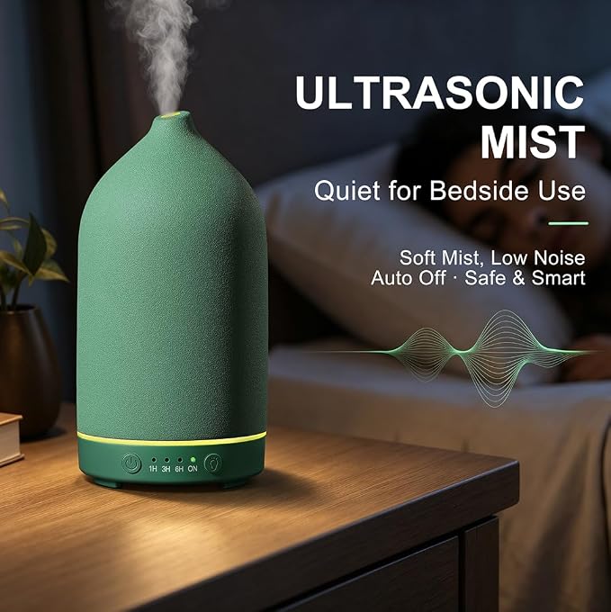 200ML Ceramic Essential Oil Diffuser for Home, Stone Diffuser | Ultrasonic Aromatherapy Diffuser & Air Humidifier for Bedroom, Office, Yoga, 7 LED Lights, Auto Shut-Off, 3 Timers, Green