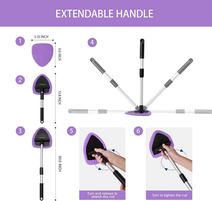 Qydipclin 7pcs Windshield Cleaner Tool Car Window Cleaning Wash Kit with 4 Reusable Microfiber Pads 1 Spray Bottle and Extendable Handle Auto Glass Wiper Kit, Purple