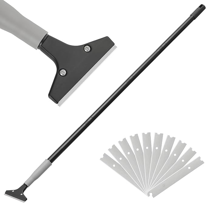 Luvenia Heavy Duty 4-Inch Razor Blade Floor Scraper, 62-Inch Long Handle | 10PCS Extra Metal Blades, Razor Scraper for Cleaning Glass, Floors，Windows, Showers, Tile, Ceilings