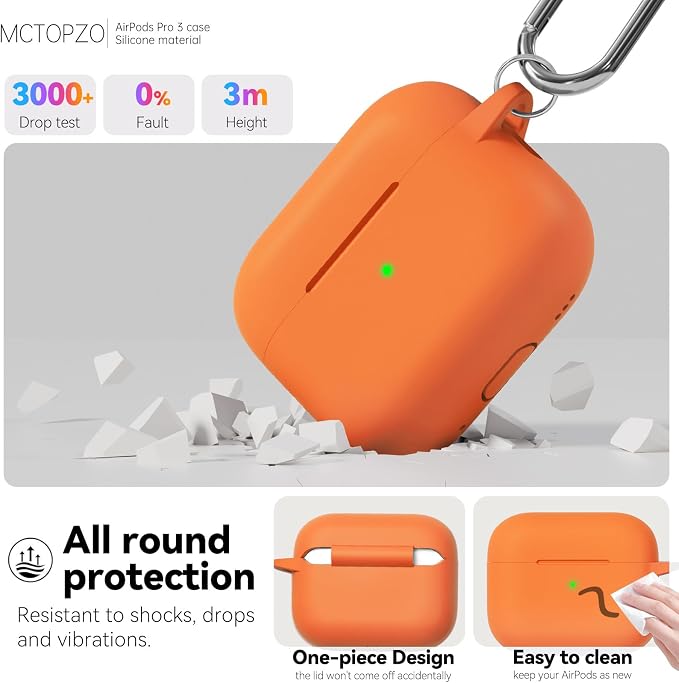 for AirPods Pro 3 Case 2025,Come with Cleaner Kit,Orange | Silicone Protective Cover for Airpod Pro 3rd Generation Case with Keychain,for Women Men,One-Piece Design,Shockproof