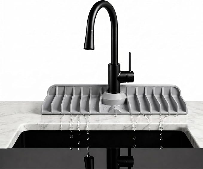 Premium Kitchen Sink Splash Guard – 18" x 5.7" Silicone Faucet Mat with Secure Pressure Clip, True 10° 3D Drainage(No Pooling), Anti-Lift Design, Flexible Leak-Sealing Ring, Non-Slip Fit Behind Faucet