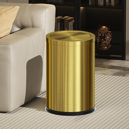 18L Stainless Steel Bathroom Trash Can, Gold, Round | 4.7 Gallon, Swing Lid, Elegant Waste Basket, For Toilet Bathroom Cafe Kitchen Office Hotel Home