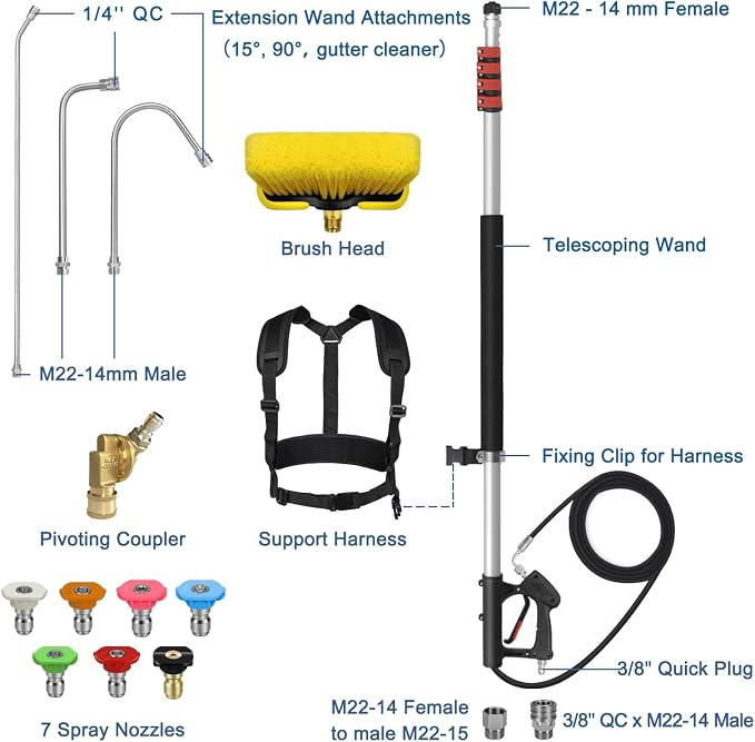 LidoDola 24FT Telescoping Pressure Washer Wand, Power Washer Accessory | Effortlessly Cleans Farther,Lightweight aluminum extension pole, Includes 3 Extension Wands, Brush, 7 Nozzles & Harness