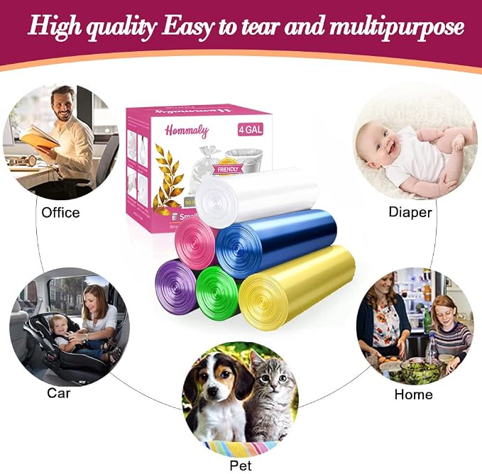 4 Gallon 180pcs Small multicolor Trash Bags Strong Garbage Bags, Bathroom Trash Can Bin Liners, Plastic Bags for Home Bedroom Office, Waste Basket Liner, Fit 12-15 Liter, 3.5,4,4.5 Gal-(4G-6M180)