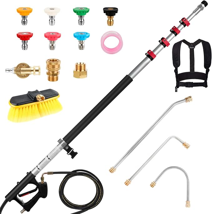 Pressure Washer Extension Wand 24FT, Gutter Cleaning Tools from The Ground with Brush, Pressure Washer Extension Pole (Washer Wand With 7 Nozzle)