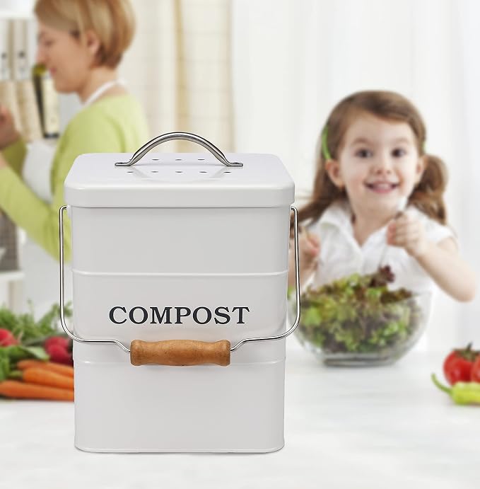 Stainless Steel Compost Bin, 1 Gallon, Kitchen Countertop Compost Bin, Includes Charcoal Filter, White